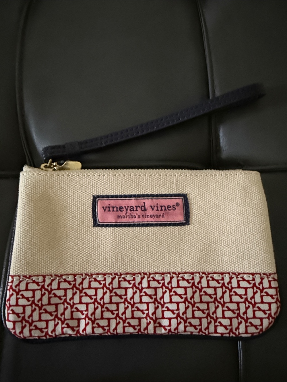 Vineyard Vines Cream & Red Canvas Wristlet with Navy Strap